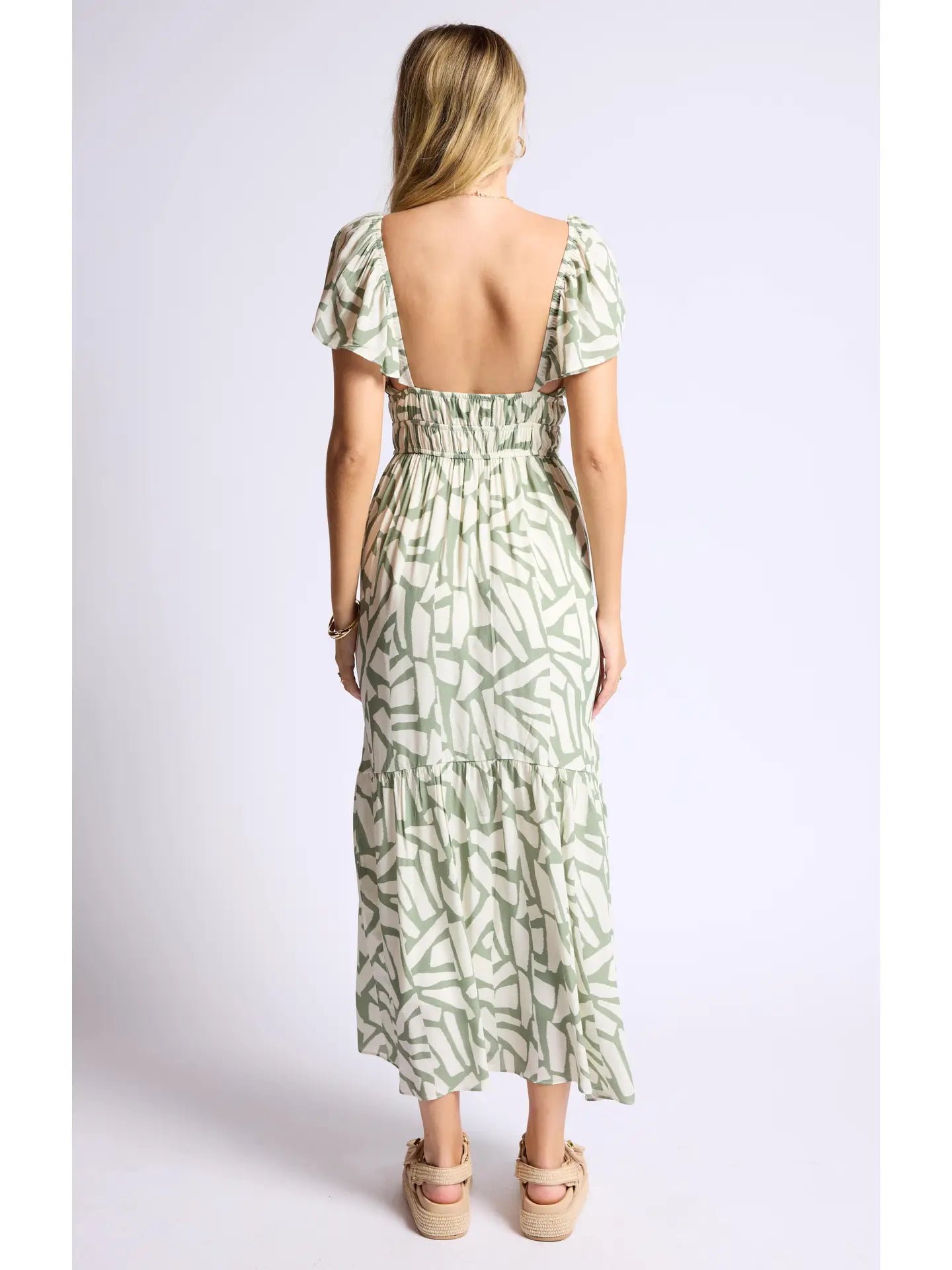 Al Fresco Ruffle Sleeve Ruched Maxi Dress