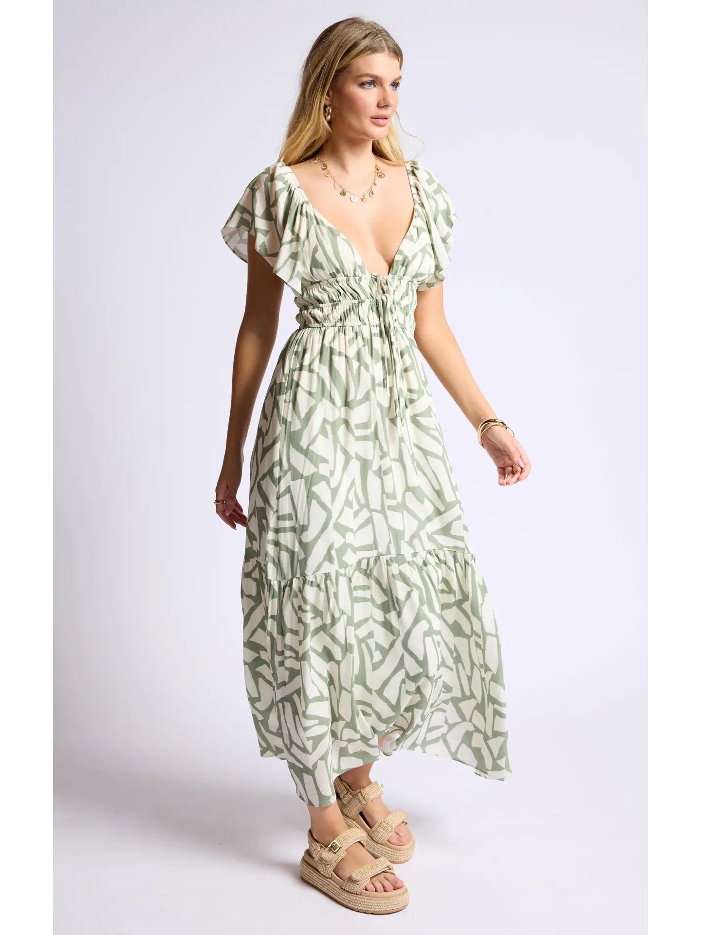 Al Fresco Ruffle Sleeve Ruched Maxi Dress