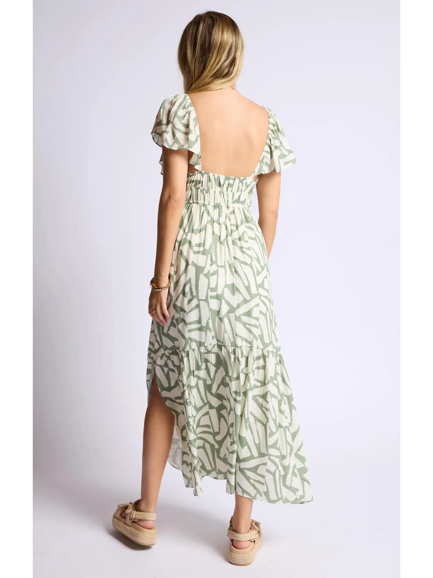 Al Fresco Ruffle Sleeve Ruched Maxi Dress