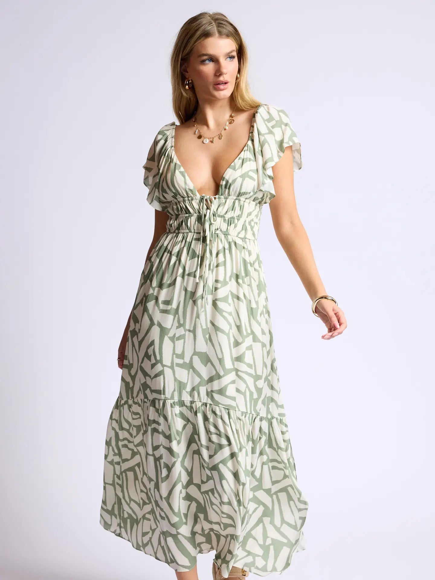 Al Fresco Ruffle Sleeve Ruched Maxi Dress
