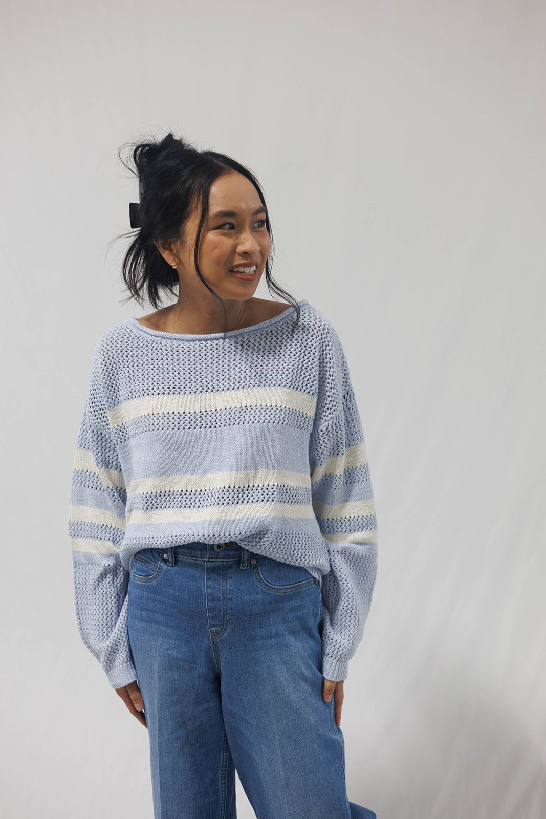 Sporty Stripe Open Knit Sweater Sky Blue