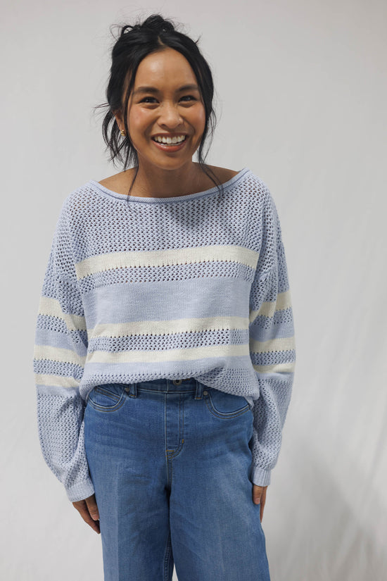 Sporty Stripe Open Knit Sweater Sky Blue