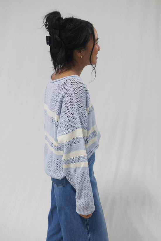 Sporty Stripe Open Knit Sweater Sky Blue