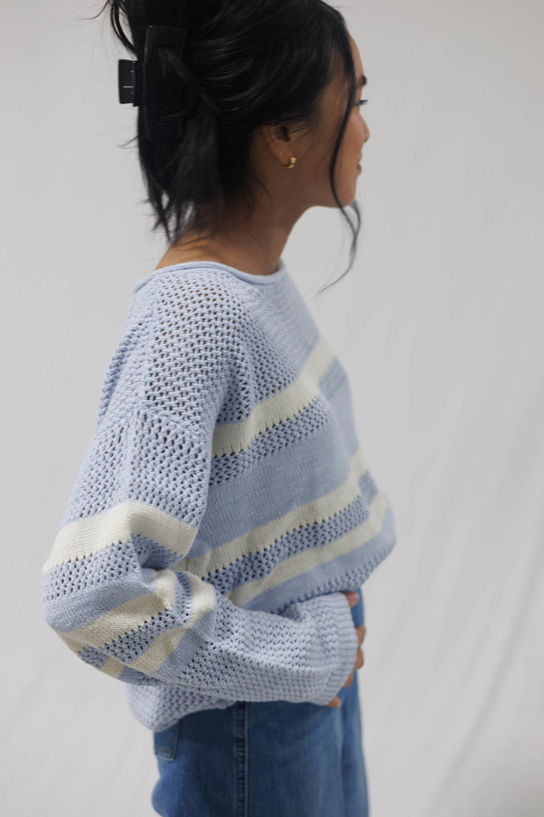 Sporty Stripe Open Knit Sweater Sky Blue