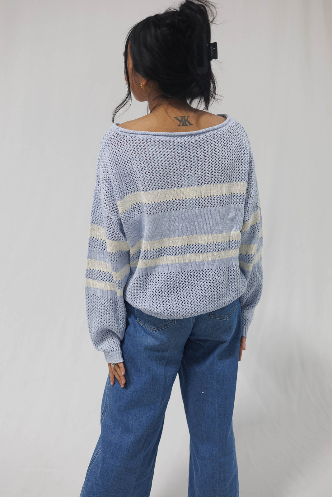 Sporty Stripe Open Knit Sweater Sky Blue