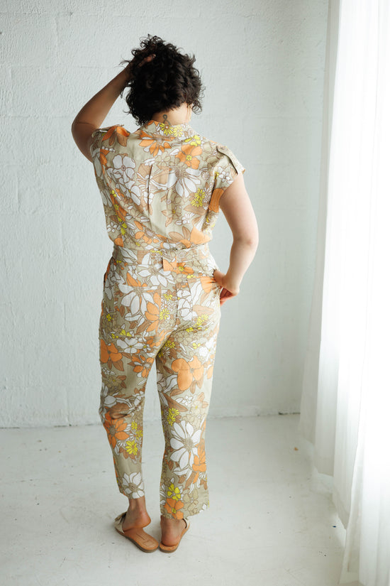 Floral Print Sleeveless Utility Button Down Jumpsuit