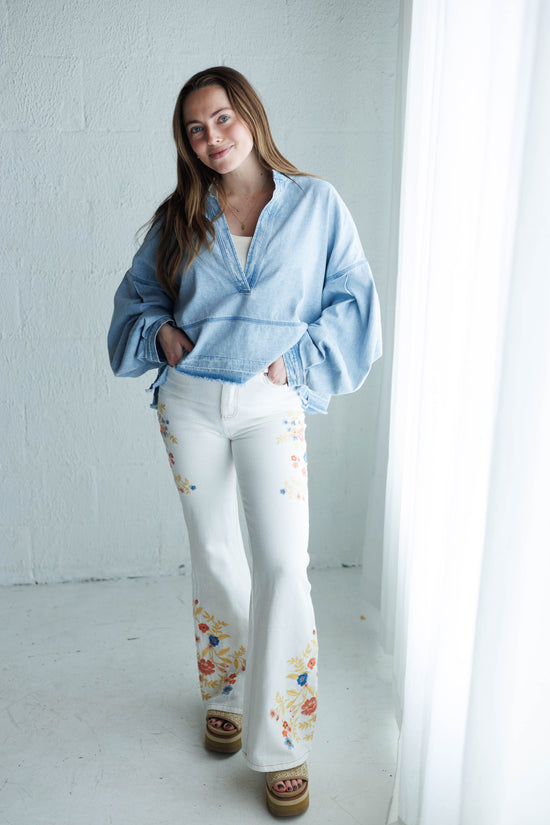 Embroidered Denim Flared Pants