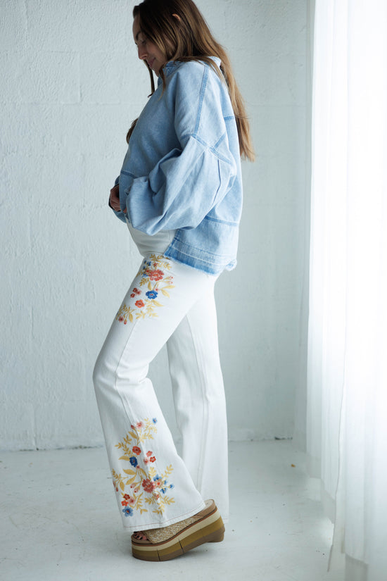 Embroidered Denim Flared Pants