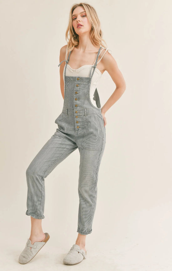 Load image into Gallery viewer, Stripe Denim Overalls

