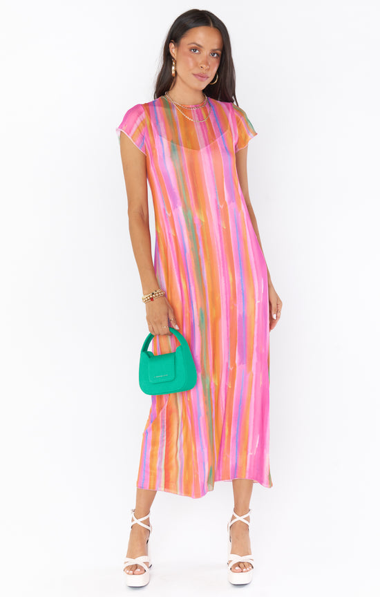 Show Me Your Mumu- Molly Midi Dress Sunrise Stripe Mesh