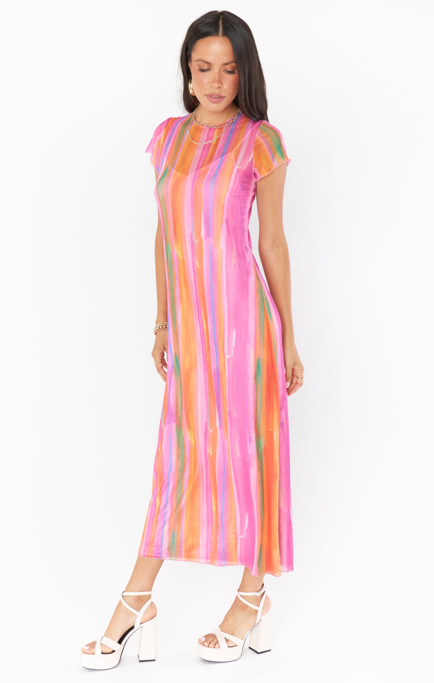 Show Me Your Mumu- Molly Midi Dress Sunrise Stripe Mesh