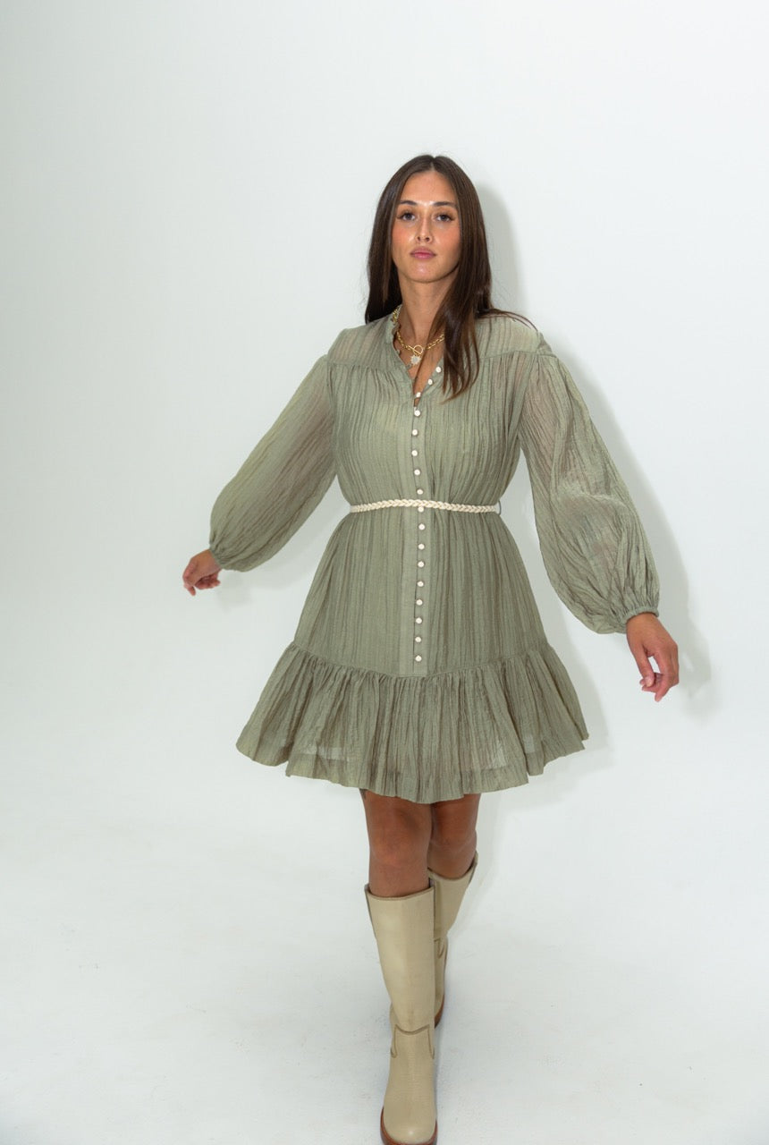 Solid Button Rope Tie Dress