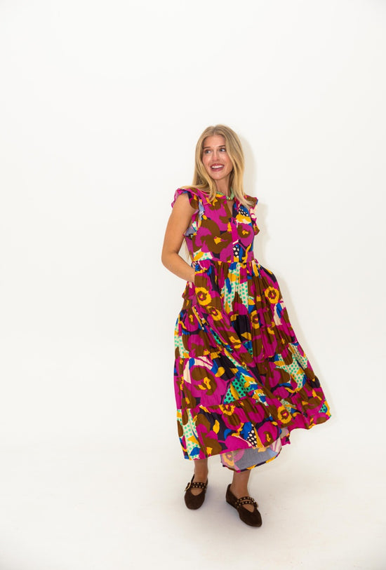 Floral Dot Button Ruffle Sleeve Tier Maxi Dress