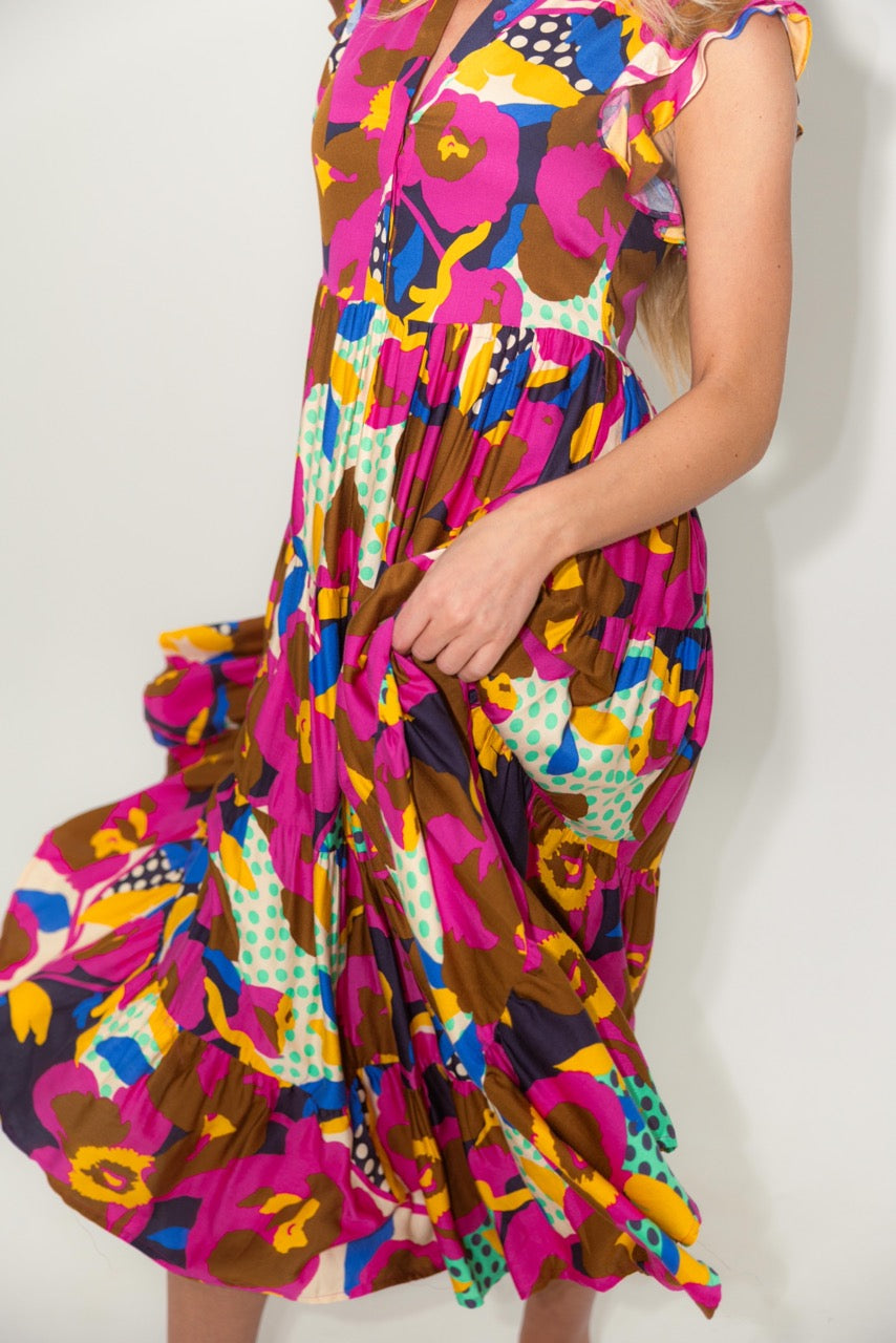 Floral Dot Button Ruffle Sleeve Tier Maxi Dress