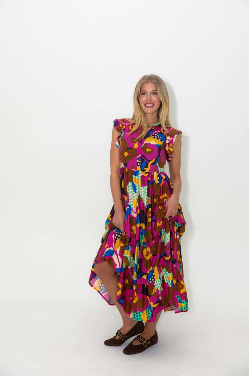 Floral Dot Button Ruffle Sleeve Tier Maxi Dress