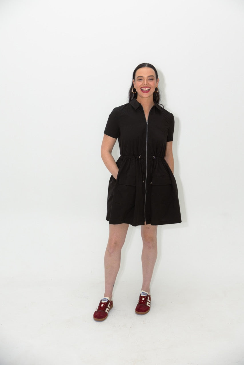 Solid Pocket Cinch Waist Dress