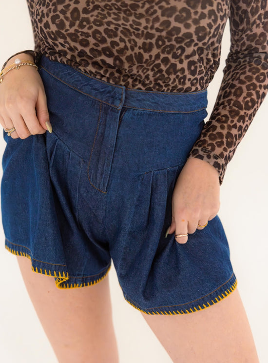 Magnolia Blanket Stitch Denim Flounce Short