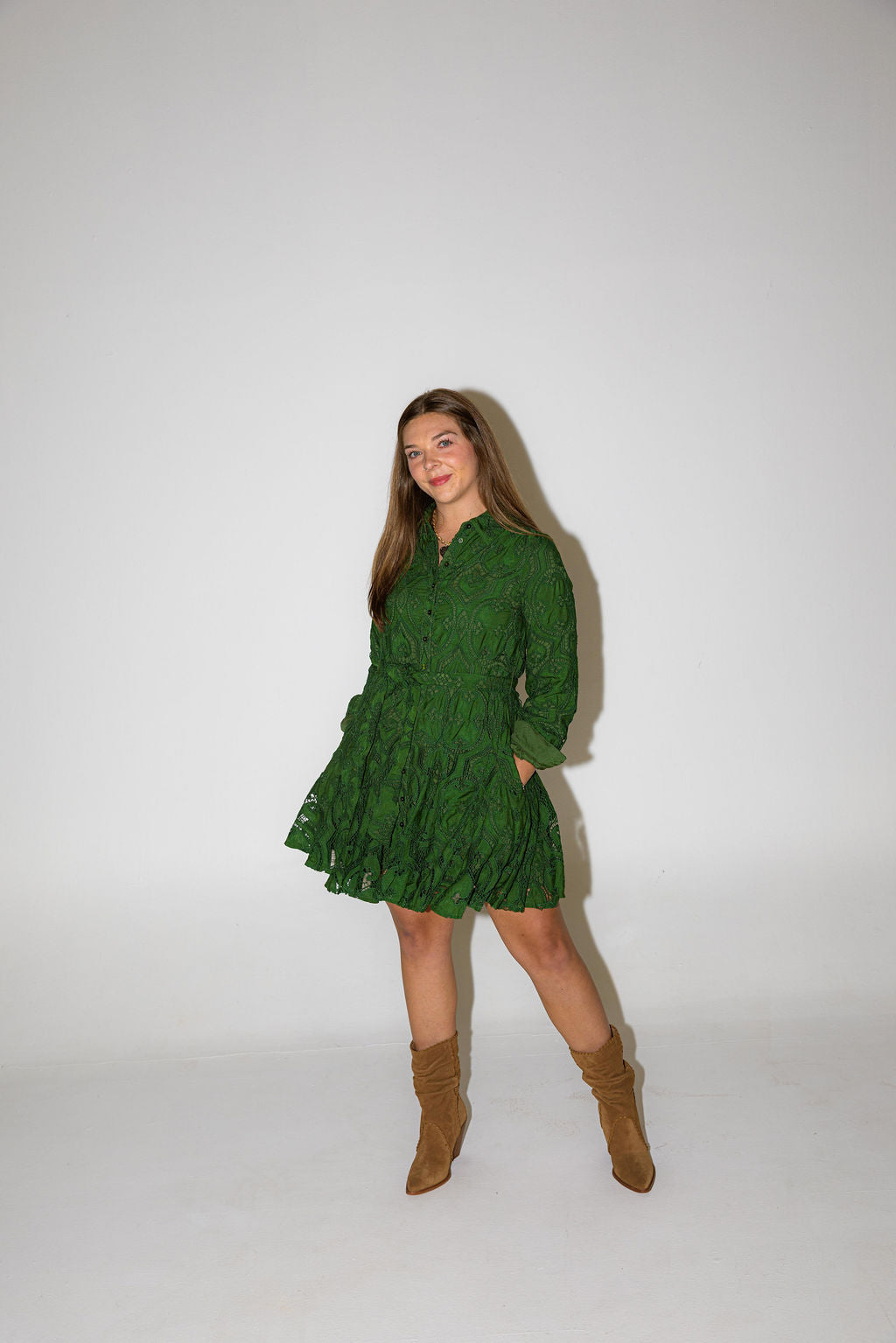 Embroidered Lace Shirt Dress - Green