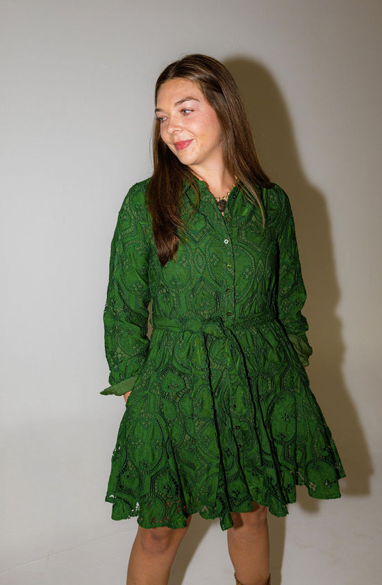 Embroidered Lace Shirt Dress - Green