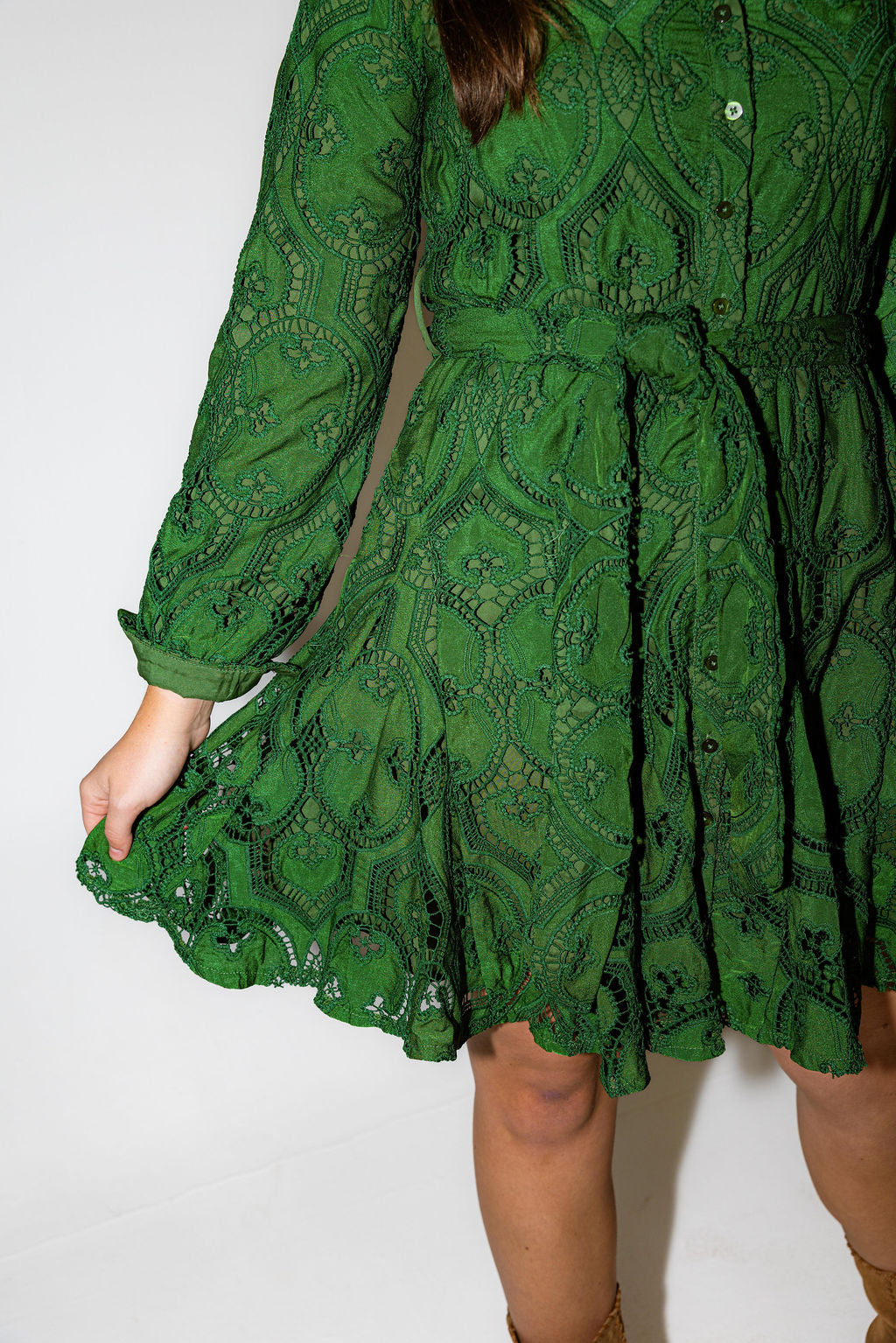 Embroidered Lace Shirt Dress - Green