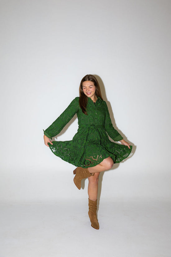 Embroidered Lace Shirt Dress - Green