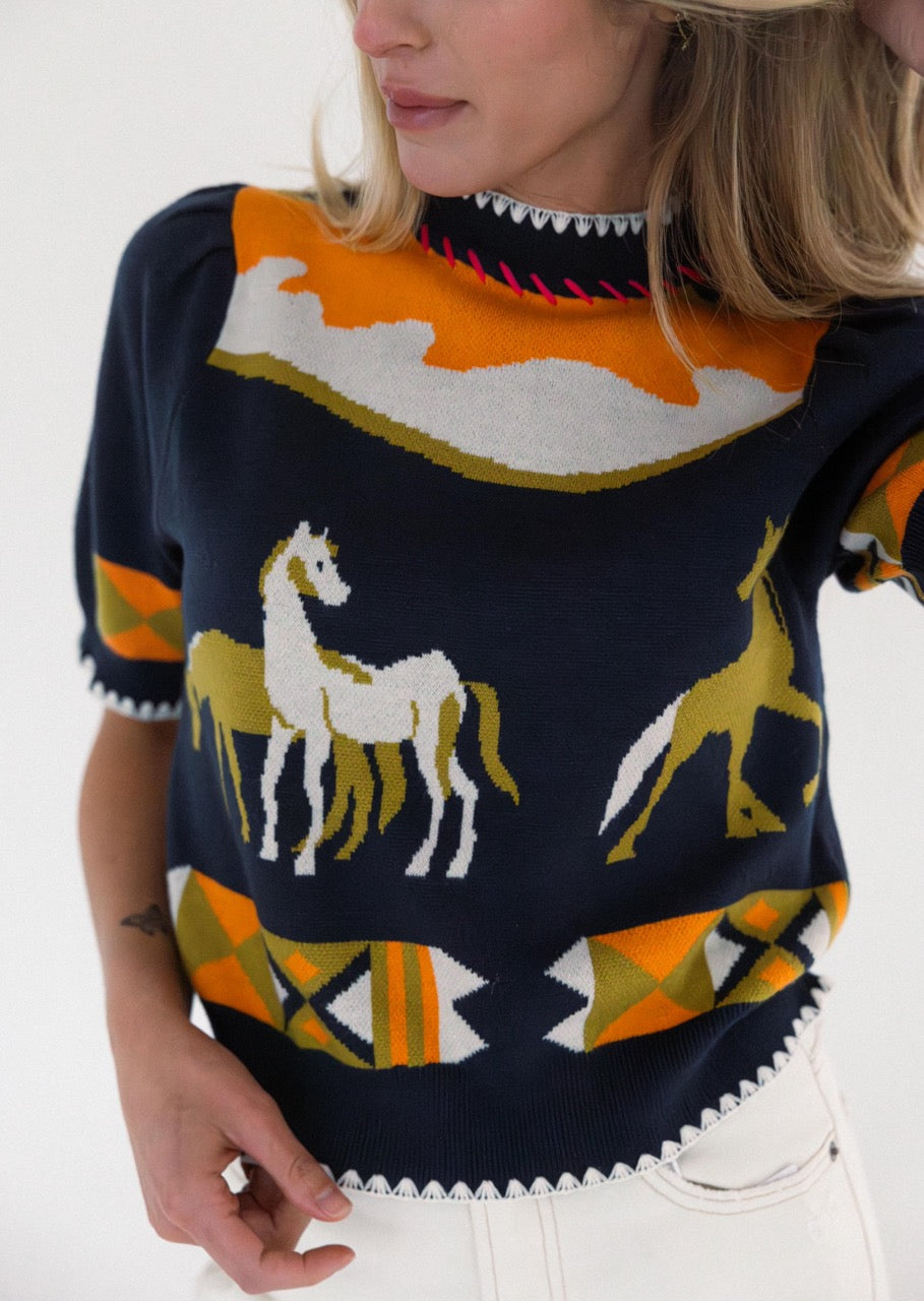 Short Sleeve Horse Detail Top