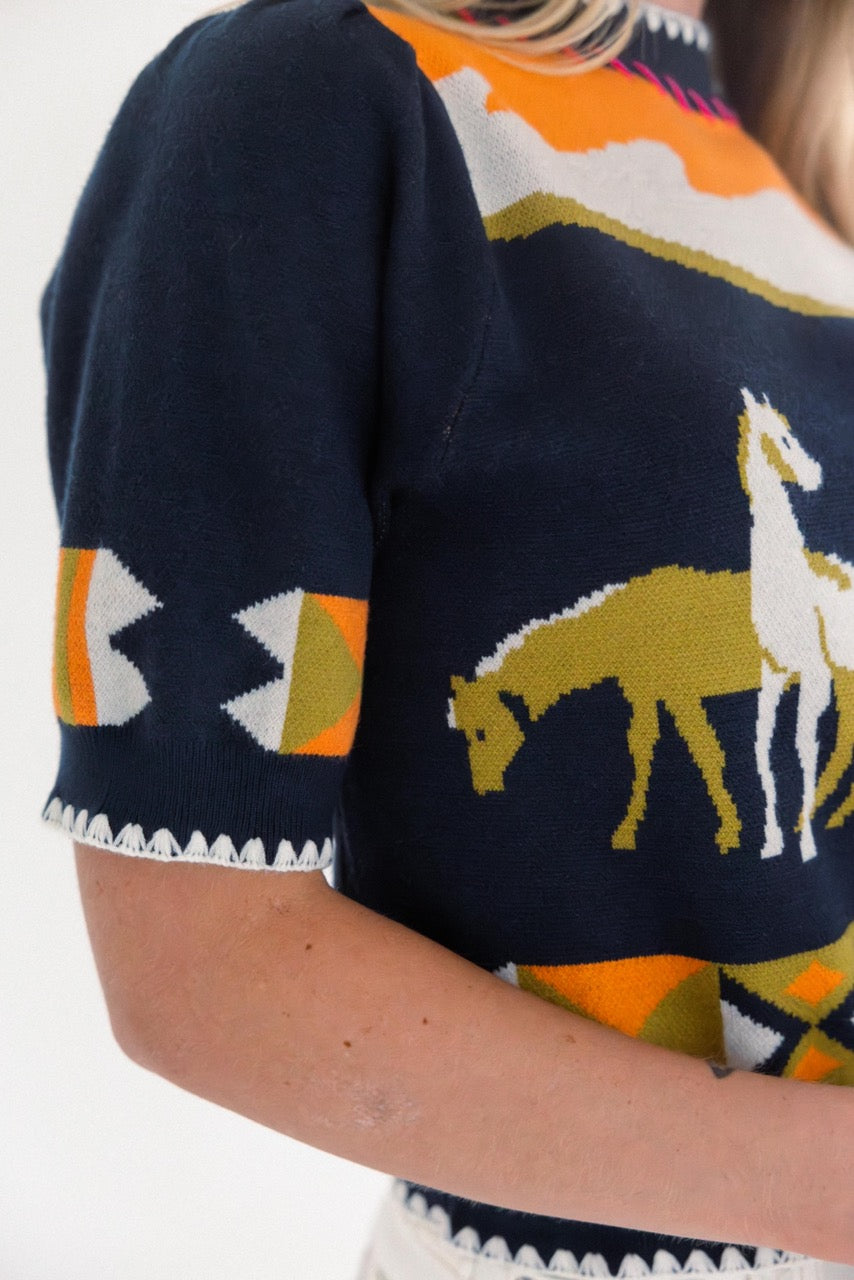 Short Sleeve Horse Detail Top