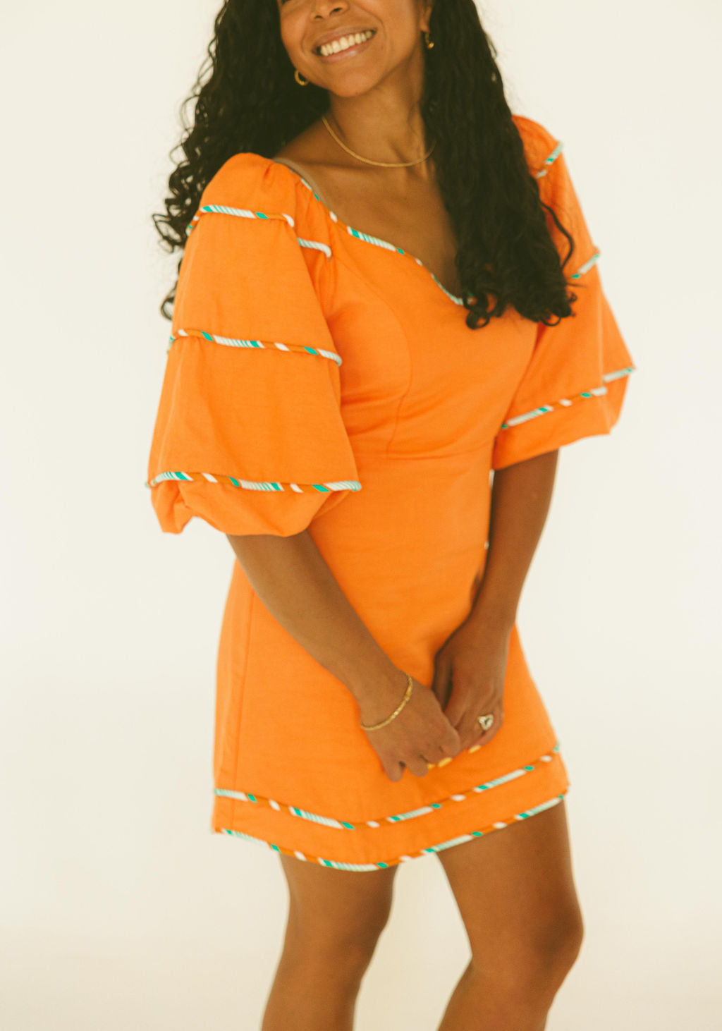 Multi Stripe Trim Sweetheart Puff Sleeve Dress
