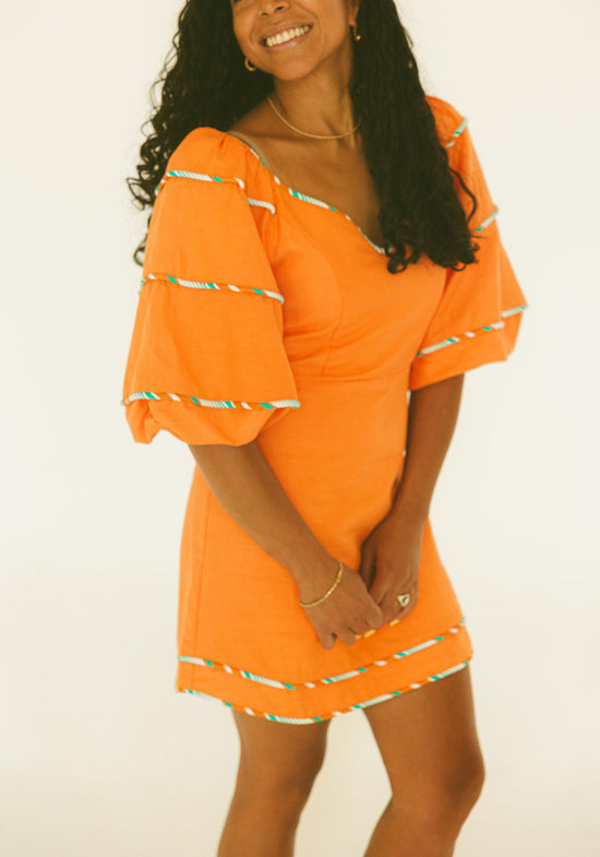 Multi Stripe Trim Sweetheart Puff Sleeve Dress