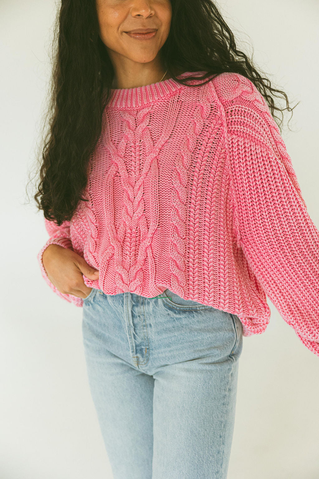 Free People - Frankie Cable Sweater - Aurora Pink