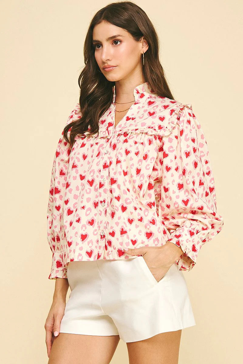 Heart Pattern Blouse Top - Pink