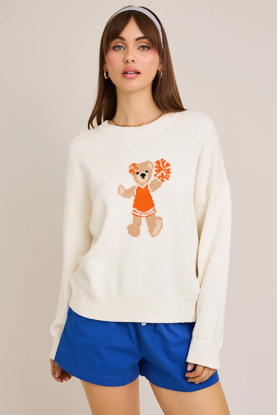 Long Sleeve Crew Neck Teddy Bear Graphic Sweater
