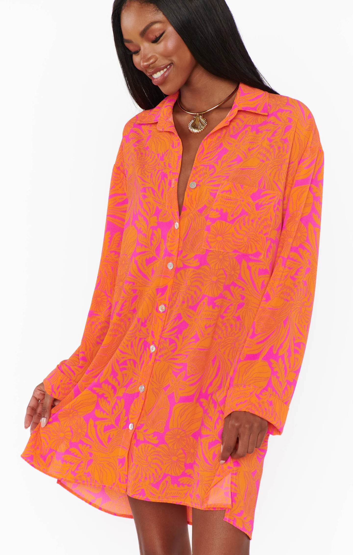 Show Me Your Mumu - Beachclub Button Down Fuschi Shells Pebble