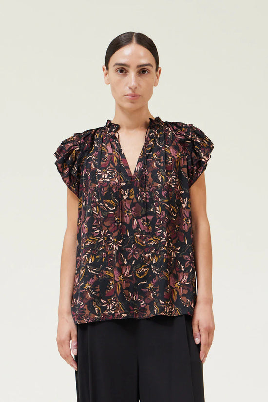 Printed Ruffle Sleeve Blouse - Black