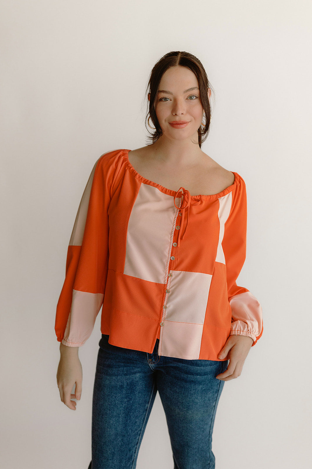 Colorblock Button Up Blouse