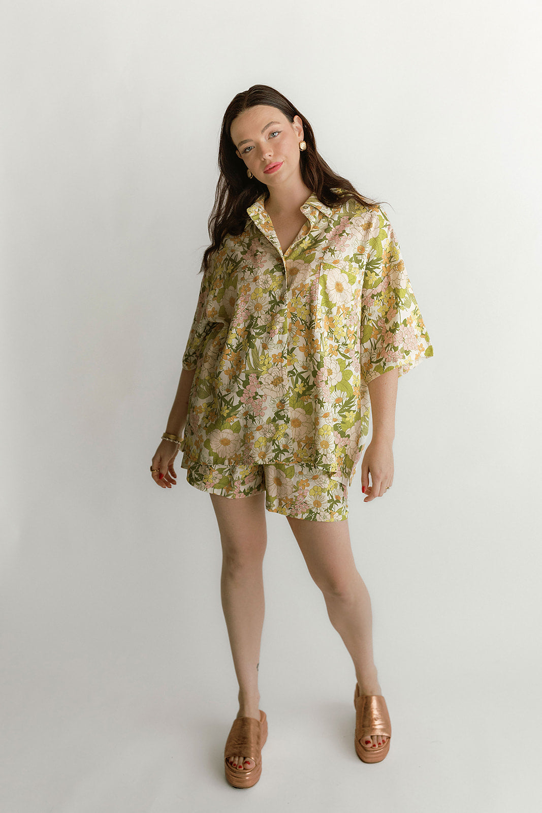 Lila Relaxed Button Down Green Floral