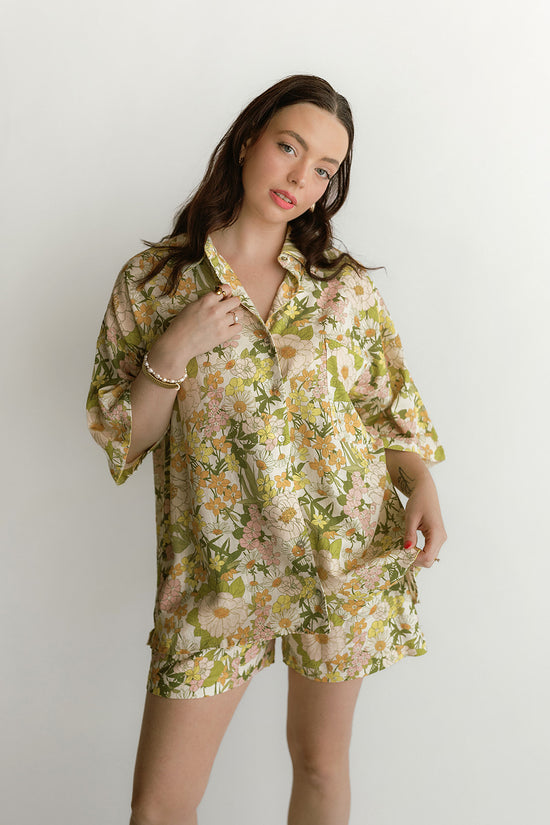 Lila Relaxed Button Down Green Floral